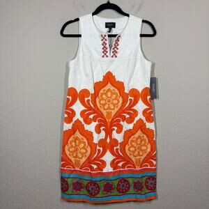 Laundry Shelli Segal 2 Sheath Dress White Orange Beaded Cotton Linen Sleeveless